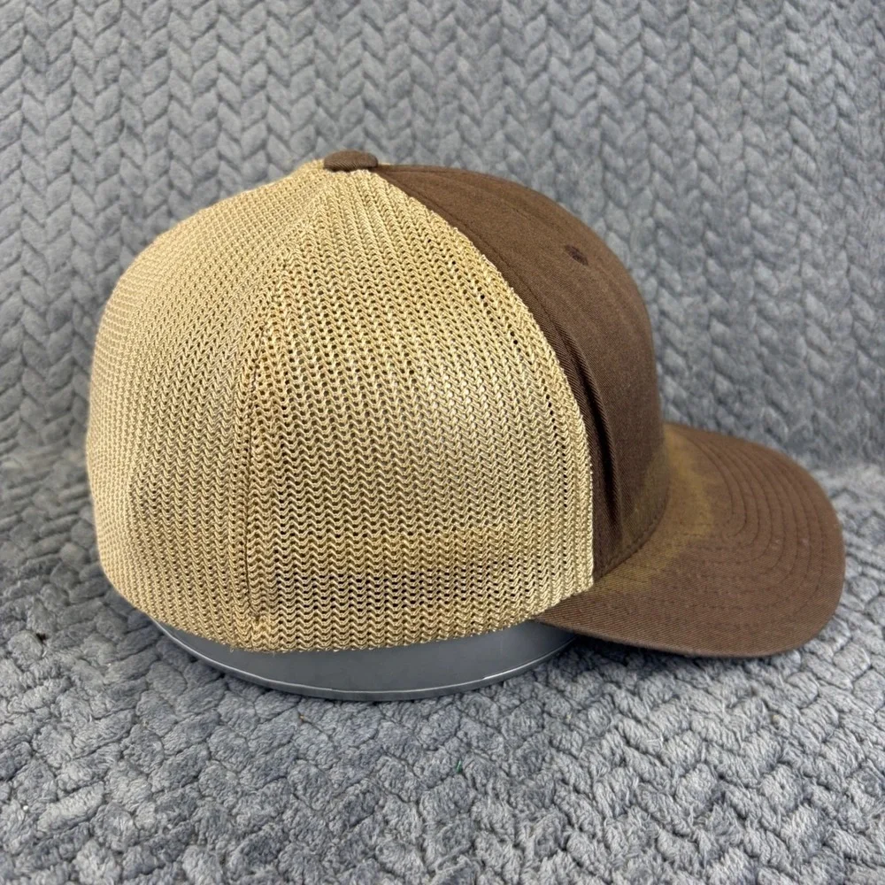 Kyocera Flexfit Mesh Trucker Hat Brown Tan Embroidered Logo Cap 0627